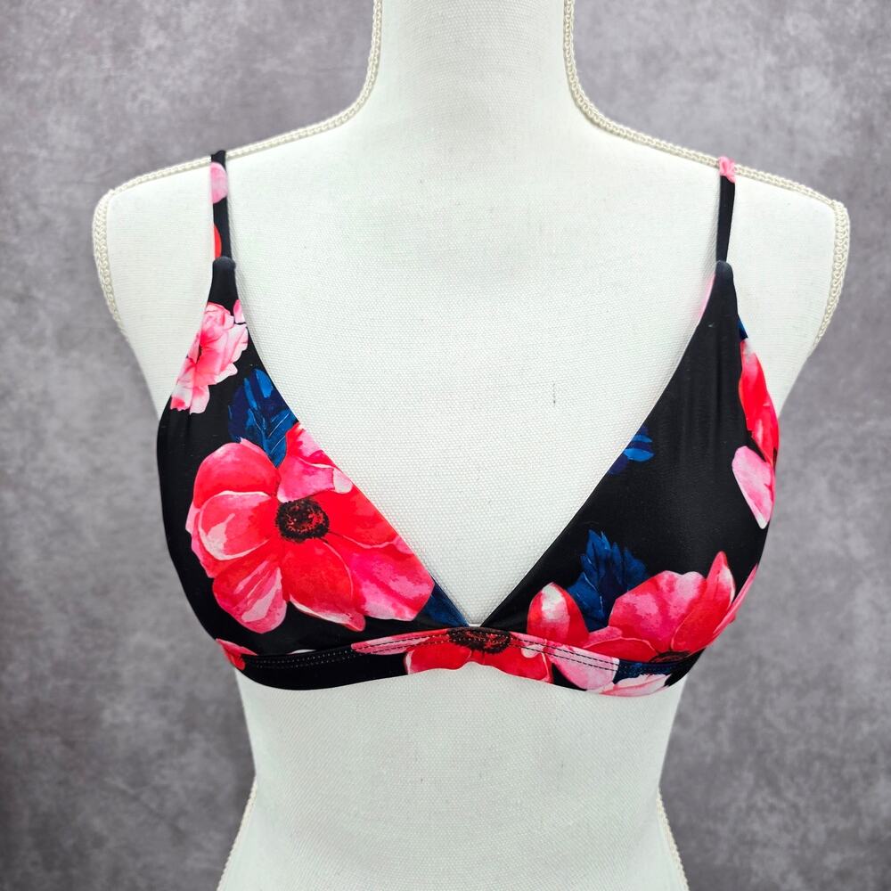 Black Pink Floral Triangle Adjustable Clasp Bikini‎ Top Swimwear Medium